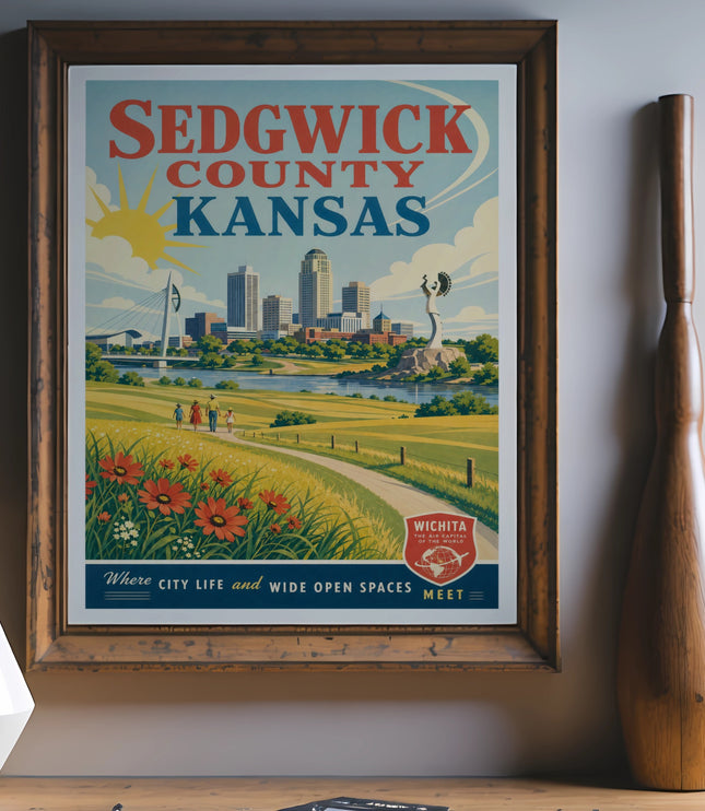 Sedgwick County, Kansas vintage travel poster with city skyline and text.