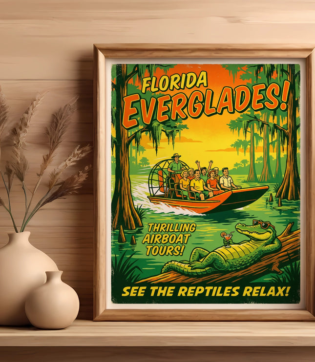 Poster advertising Florida Everglades airboat tours with a relaxed alligator.