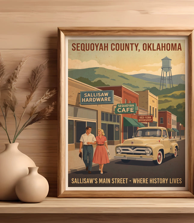 Sequoyah County, Oklahoma poster shows a vintage street scene with a couple and a truck.