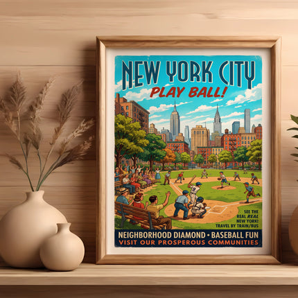 Vintage "Play Ball!" poster for New York City baseball games with city skyline.