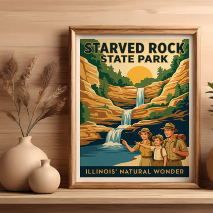 Vintage poster for Starved Rock State Park with a family pointing at a waterfall.