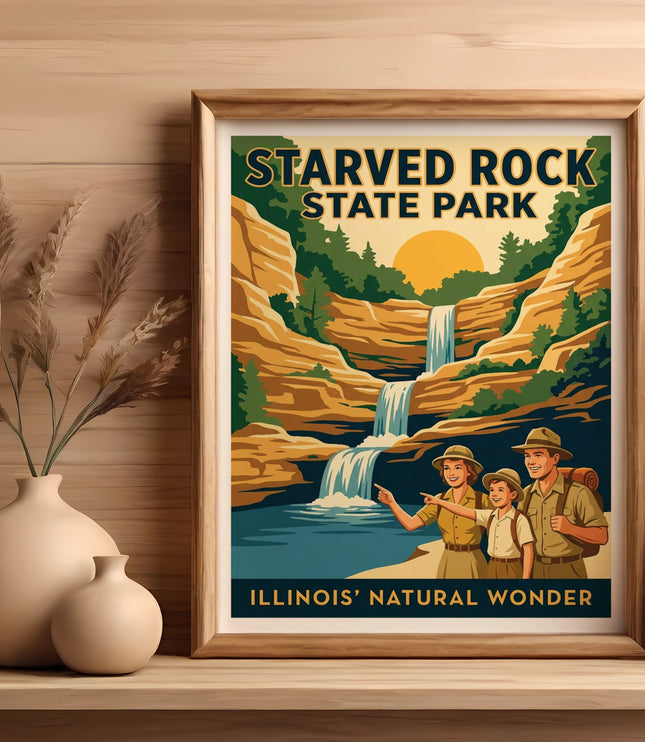 Vintage poster for Starved Rock State Park with a family pointing at a waterfall.