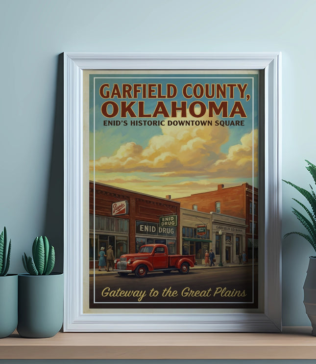 Vintage poster for Garfield County, Oklahoma, featuring Enid's historic downtown square.