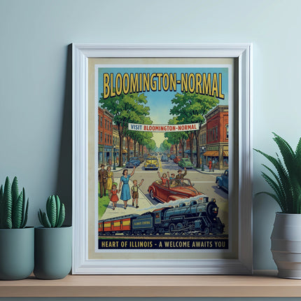 Vintage travel poster for Bloomington-Normal, Illinois, featuring a train and town scene.