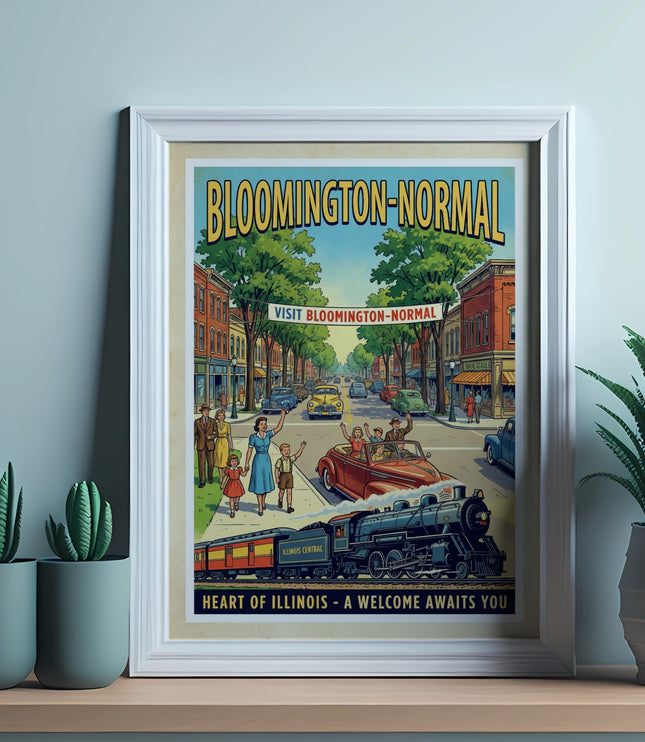 Vintage travel poster for Bloomington-Normal, Illinois, featuring a train and town scene.