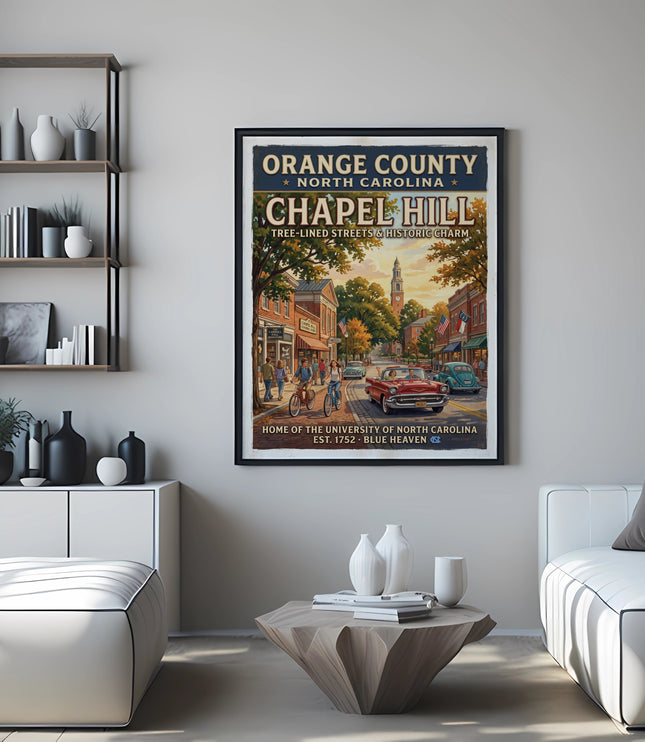 Chapel Hill, North Carolina vintage travel poster with text.