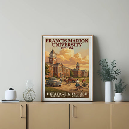 Francis Marion University "Heritage & Future" poster, Est. 1970, Florence, South Carolina.