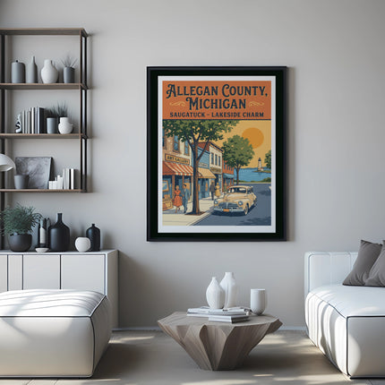 Allegan County, Michigan Saugatuck Lakeside Charm poster of vintage storefront and lighthouse.