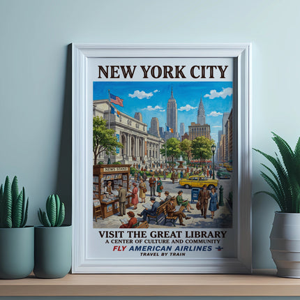 New York City vintage travel poster with skyline, library, and people.