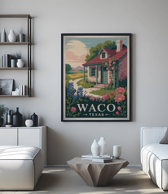 Poster of a pink cottage in Waco, Texas with flowers and a landscape.