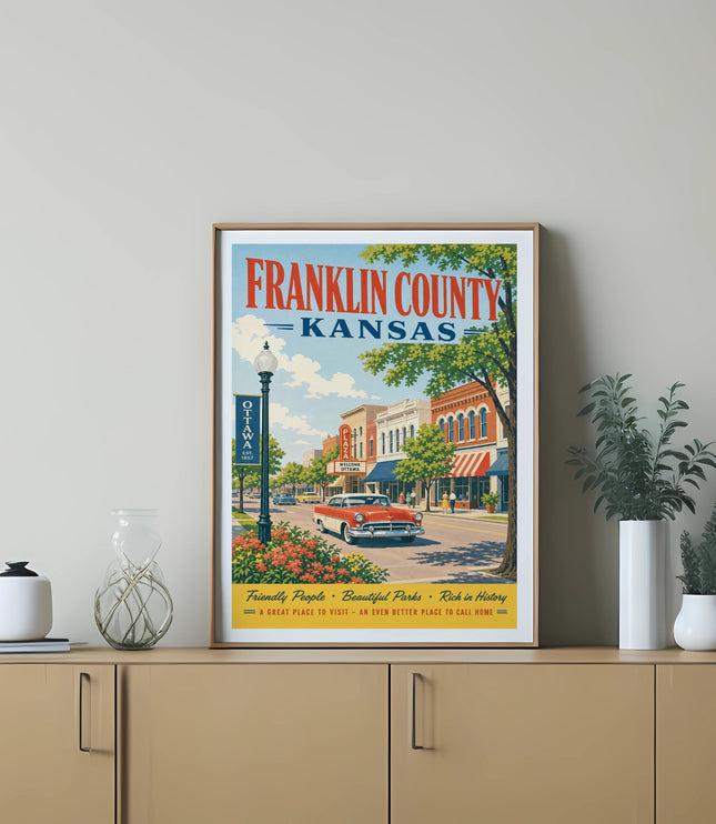 Franklin County, Kansas vintage travel poster with Ottawa main street scene.