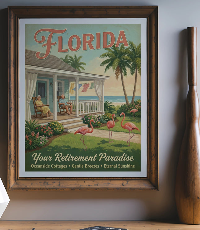 Florida retirement poster with flamingos and beach house.
