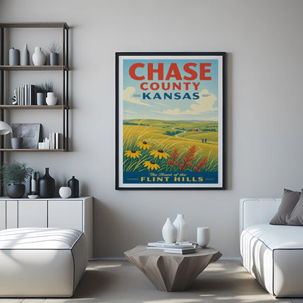 Vintage poster for Chase County, Kansas, featuring rolling hills and fields.