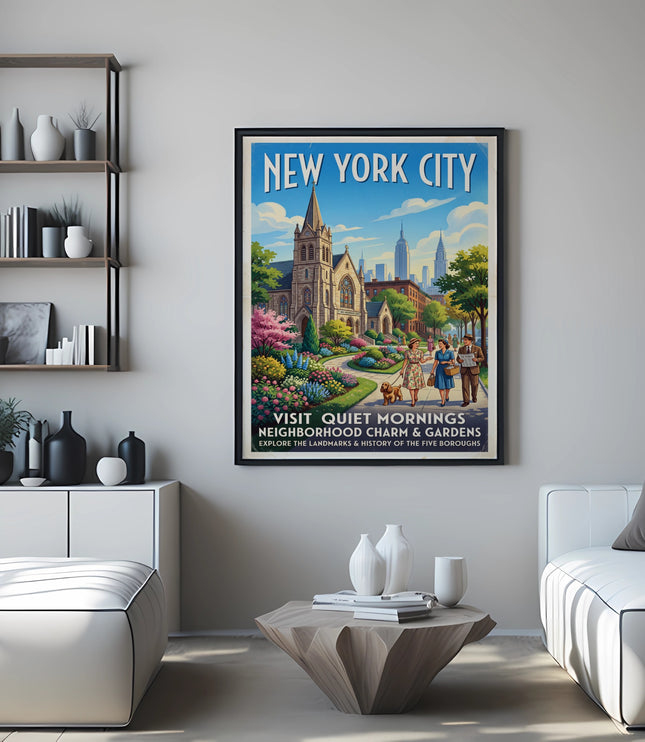 New York City poster with church, gardens, skyline, and text.