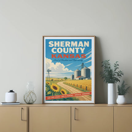 Poster for Sherman County, Kansas, with farm scene and inspirational text.