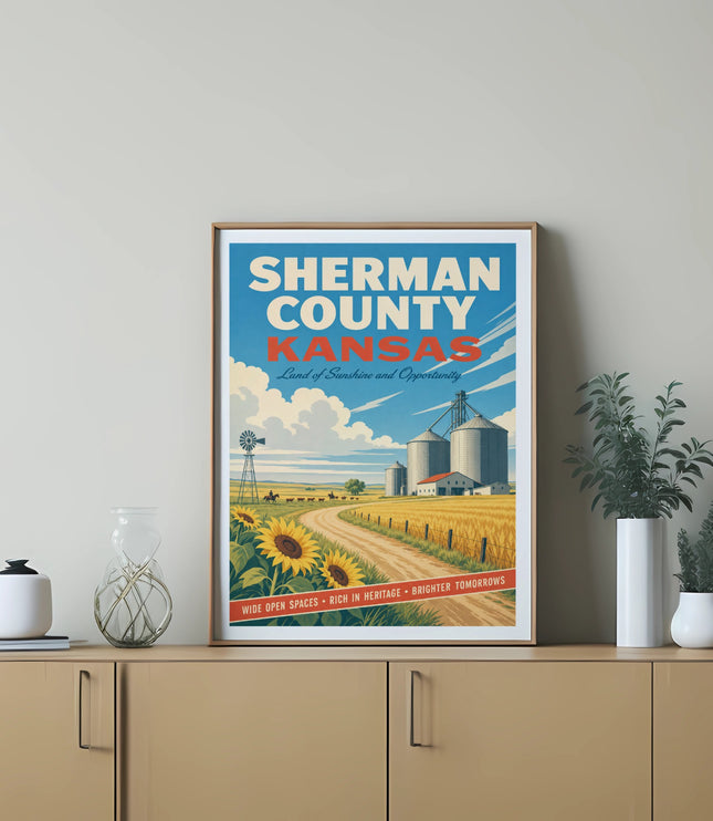 Poster for Sherman County, Kansas, with farm scene and inspirational text.