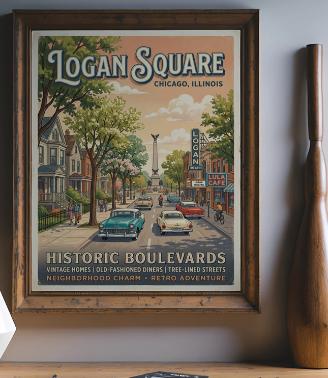 Logan Square Chicago art prints featuring vintage homes, diners, and tree-lined streets.