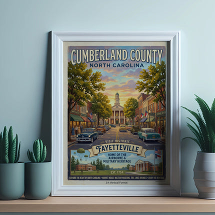 Vintage travel poster of Fayetteville, North Carolina, featuring a street scene with cars and historical buildings.