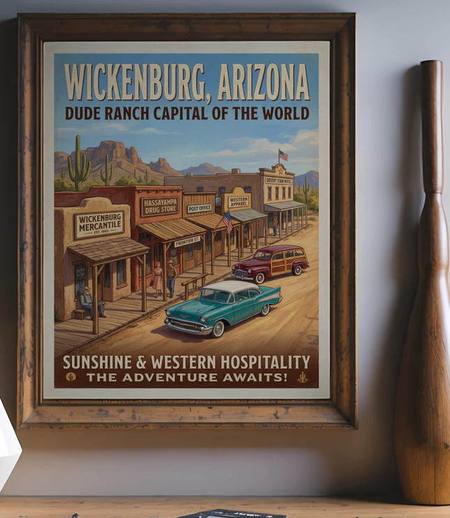 Wickenburg, Arizona dude ranch poster with vintage cars and western storefronts.
