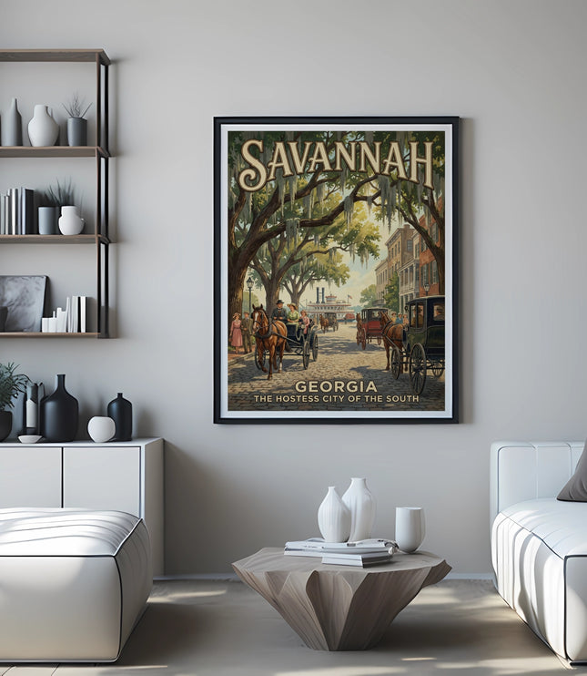 Savannah Georgia vintage travel poster featuring horse-drawn carriages on a cobblestone street.