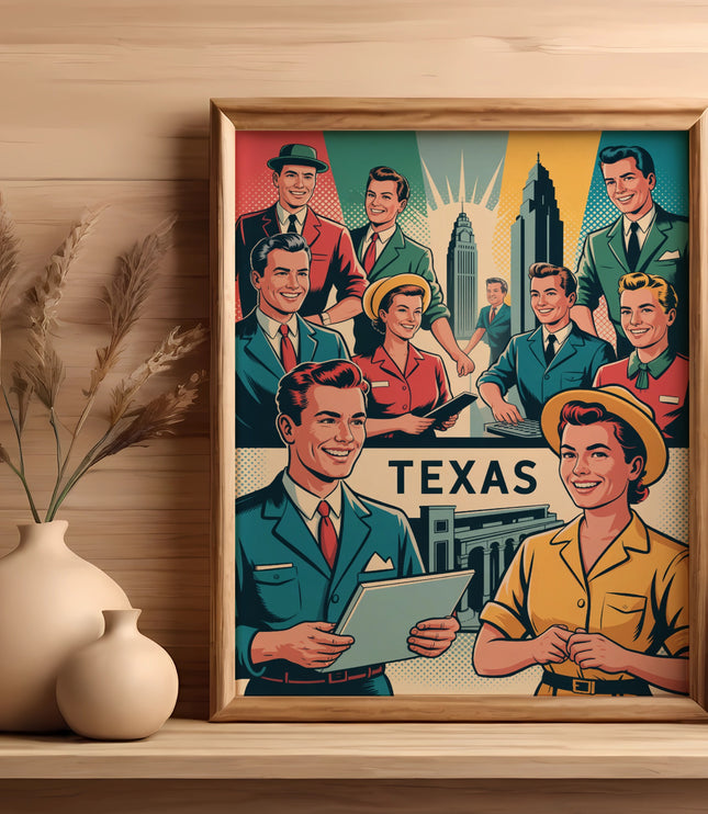 Retro poster featuring diverse smiling people and "TEXAS" text with buildings.