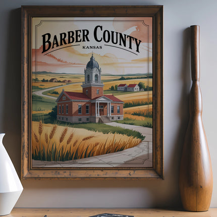 Illustration of Barber County, Kansas courthouse and wheat fields.