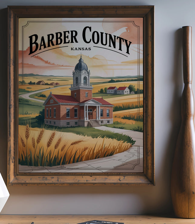 Illustration of Barber County, Kansas courthouse and wheat fields.