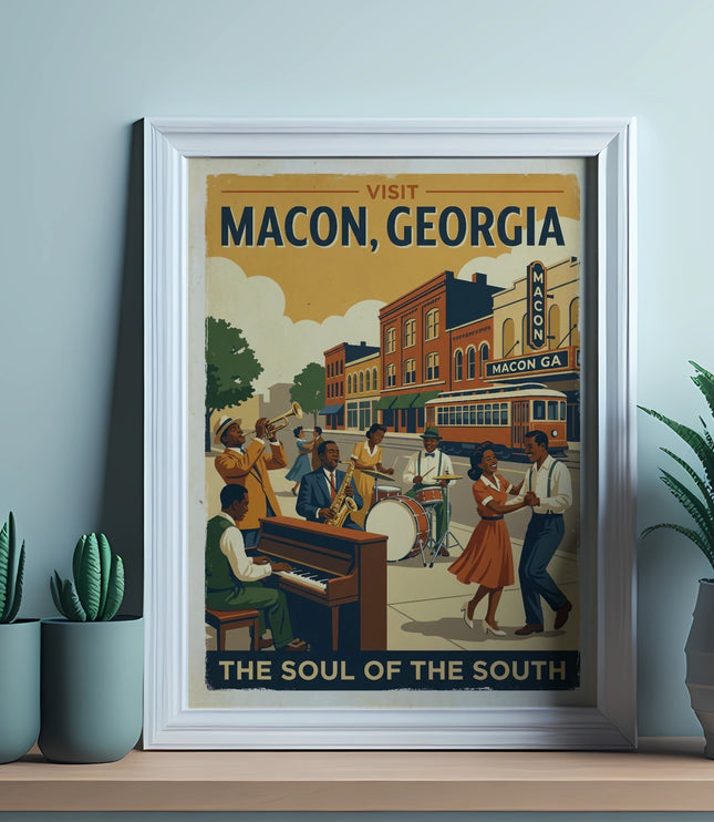 Visit Macon, Georgia: The Soul of the South poster with jazz band and trolley.