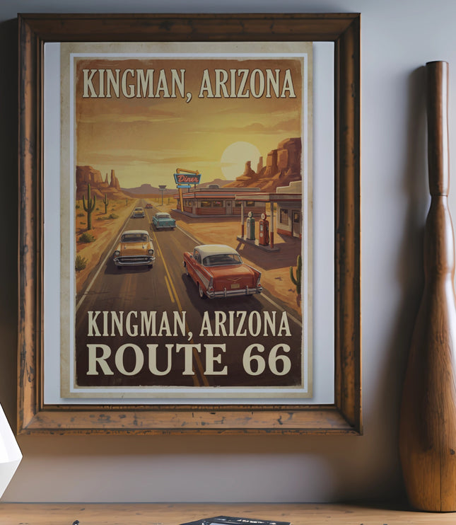 Framed artwork showing Kingman, Arizona Route 66 with vintage cars and diner.