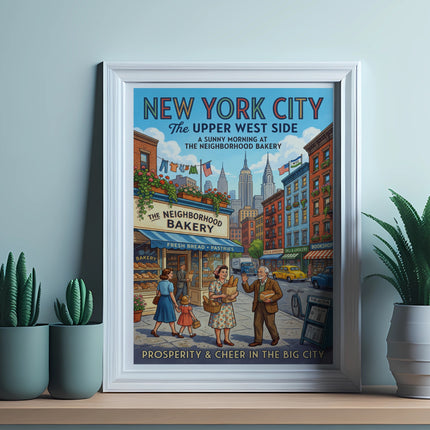 New York City street scene with "The Neighborhood Bakery" sign and buildings.
