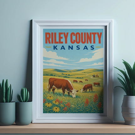 Vintage poster of Riley County, Kansas, featuring cows grazing in a field.