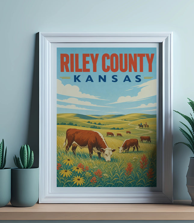 Vintage poster of Riley County, Kansas, featuring cows grazing in a field.