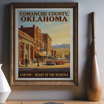 Comanche County, Oklahoma poster showing Lawton with Carnegie Library and Lawton Hotel.