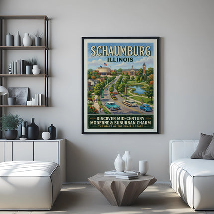 Schaumburg Illinois poster with mid-century and suburban charm text.