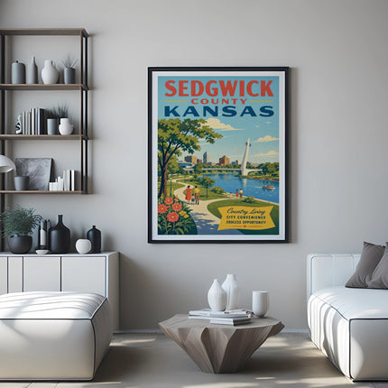 Sedgwick County, Kansas poster with cityscape, park, and text.