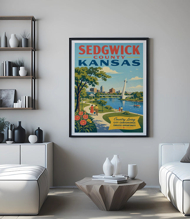 Sedgwick County, Kansas poster with cityscape, park, and text.