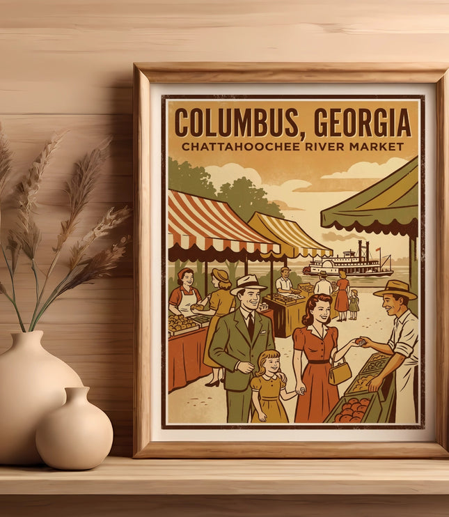 Framed art print of Columbus, Georgia Chattahoochee River Market scene.