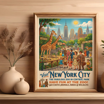 Vintage poster of Central Park Zoo with giraffes, families, and cityscape.