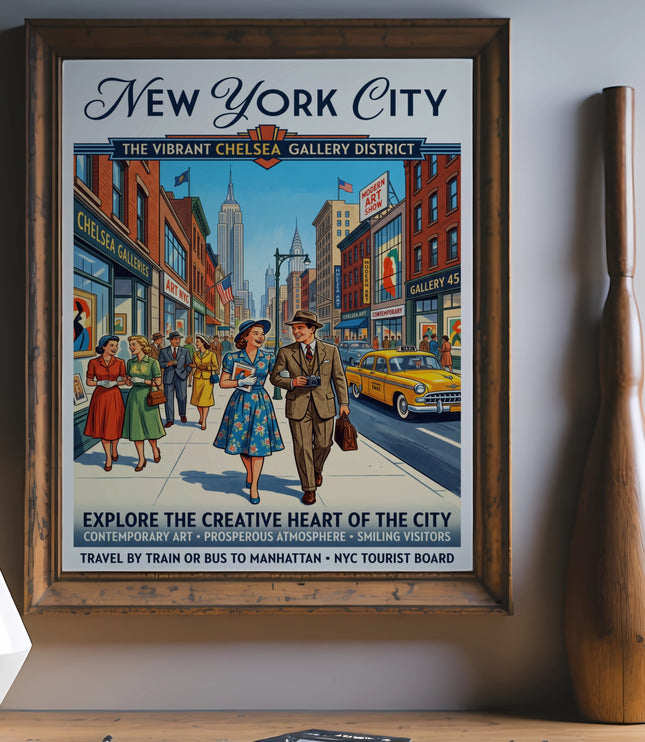 New York City Chelsea Gallery District vintage travel poster with people and yellow taxi.
