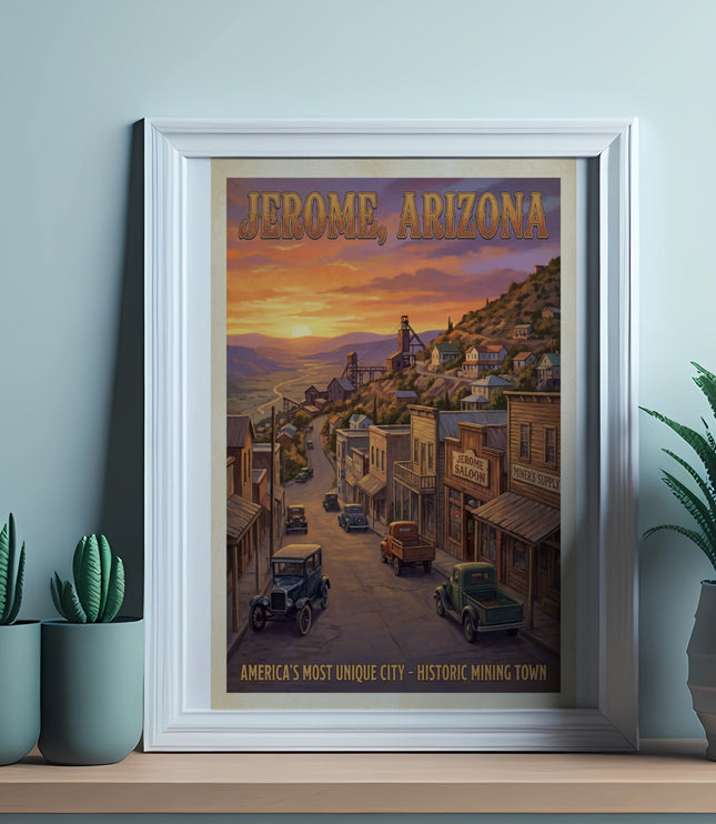 Jerome, Arizona poster with mining town scene at sunset, text "Jerome, Arizona".
