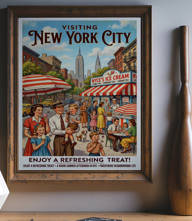 Vintage New York City ice cream poster with families enjoying treats.