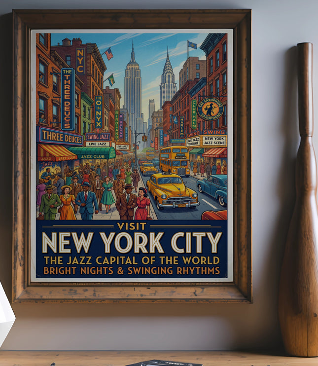 Vintage New York City jazz scene poster with famous landmarks and jazz clubs.