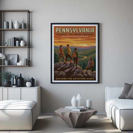 Pennsylvania Poconos vintage travel poster with hikers and mountains.