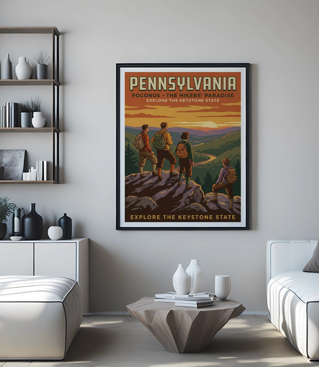 Pennsylvania Poconos vintage travel poster with hikers and mountains.