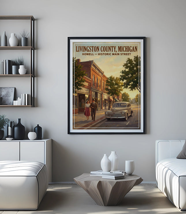 Framed retro poster of Livingston County, Michigan historic main street in Howell.