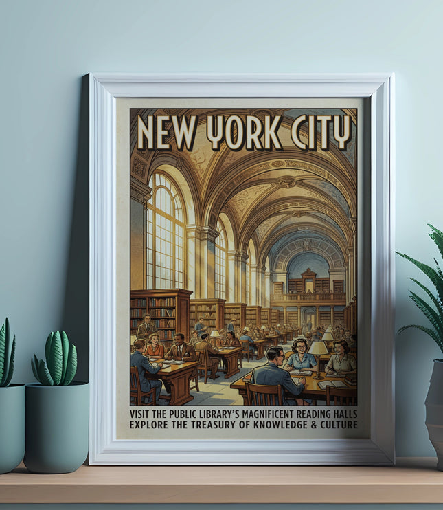 New York City public library vintage poster showing people reading.