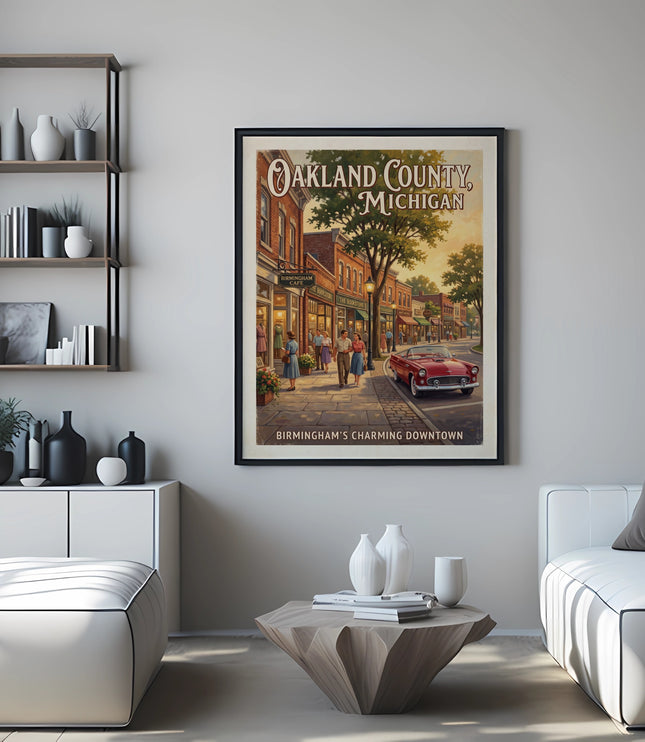 Oakland County, Michigan poster showing a vintage street scene with a red car.