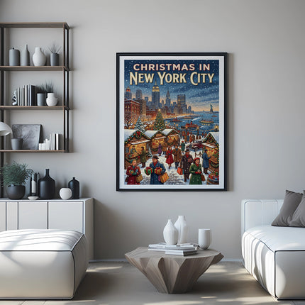 Christmas in New York City framed poster with winter market scene.
