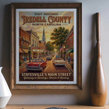 Vintage poster of Statesville's Main Street with classic cars and text.