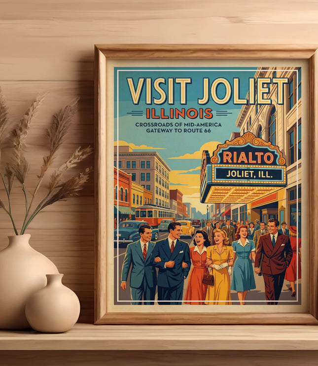Vintage travel poster for Joliet, Illinois featuring the Rialto Theater and people.